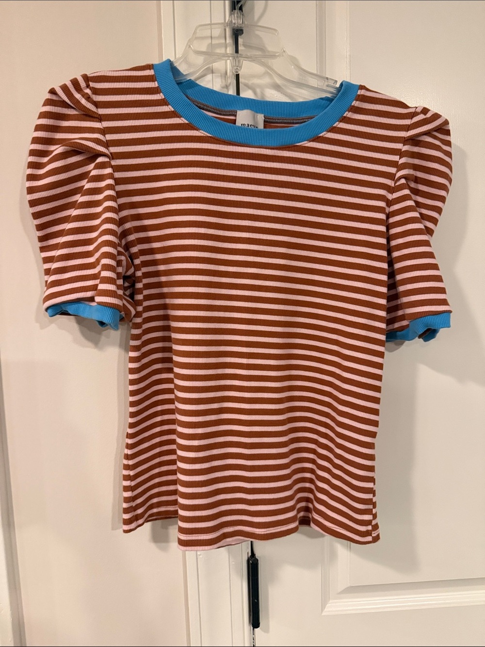 Anthropologie Rust & Light Pink Striped Puff-Sleeve Tee with Bright Blue Trim